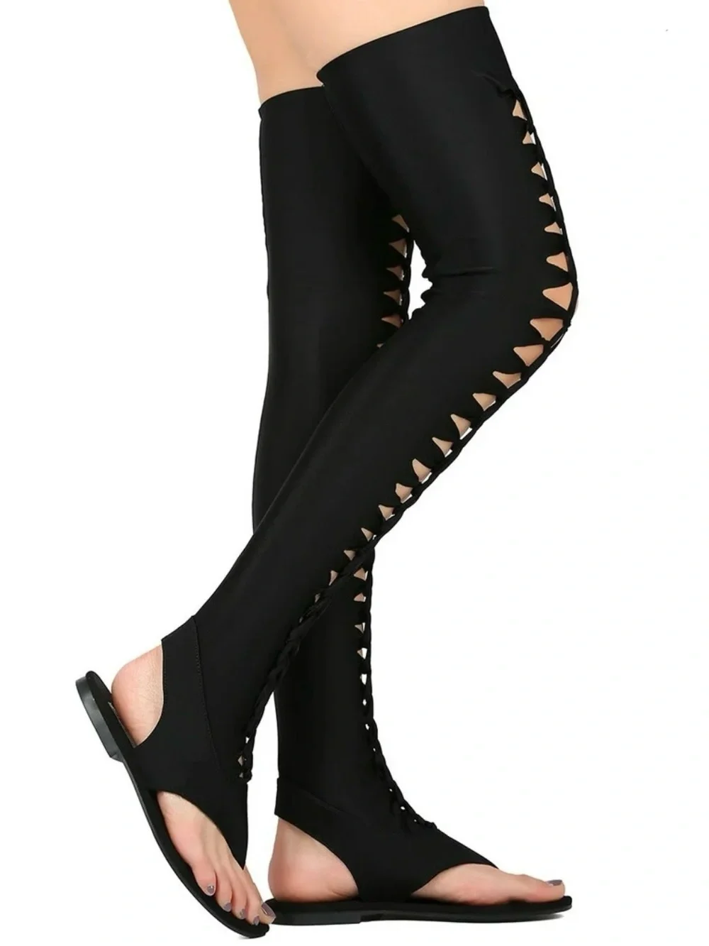 Women Thigh High Thong Sandal - Lace Up Flat Sandal - Stretchy Gladiator Sandal